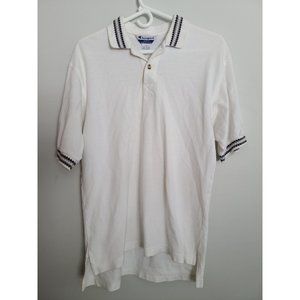 Vintage Champion Polo Shirt White Black Grey Short Sleeve Logo Size Small